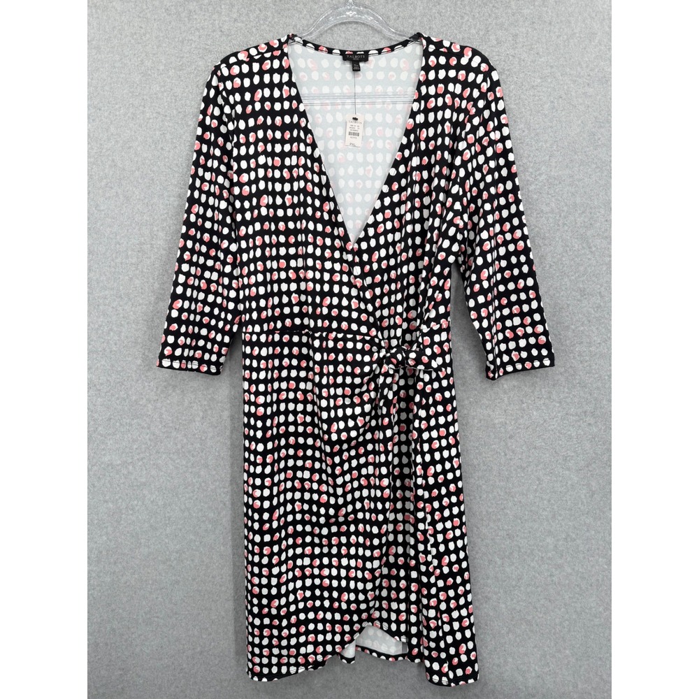 Talbots Faux Wrap Dress Womens XL Petite Black Pink Polka Dot 3/4 Sleeve Knit